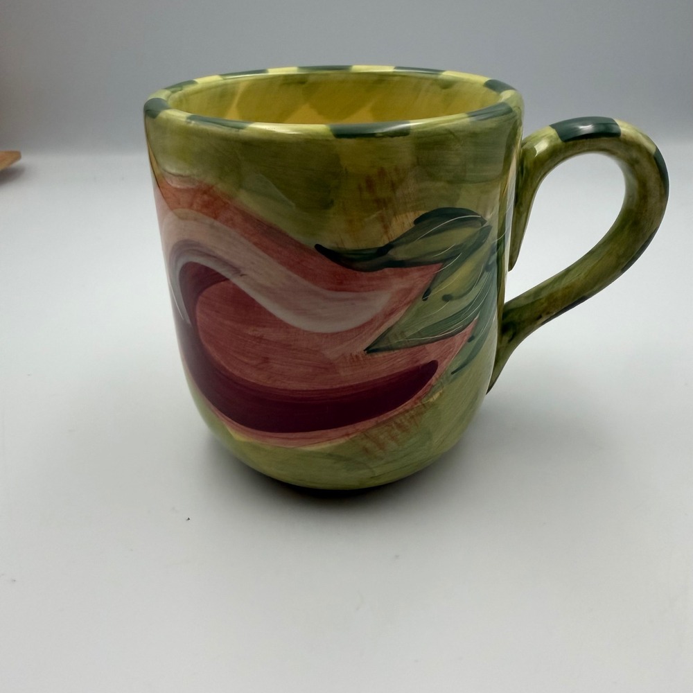 Pfaltzgraff Central Market Coffee Mug Green Red Floral Hand Painted Stoneware